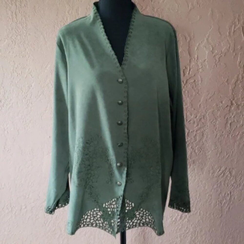Susan Graver Style Long Sleeve Button Down V-neck Blouse Green 1X